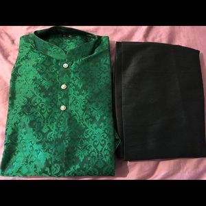 Indian Men Designer Green and Black Kurta Pajama